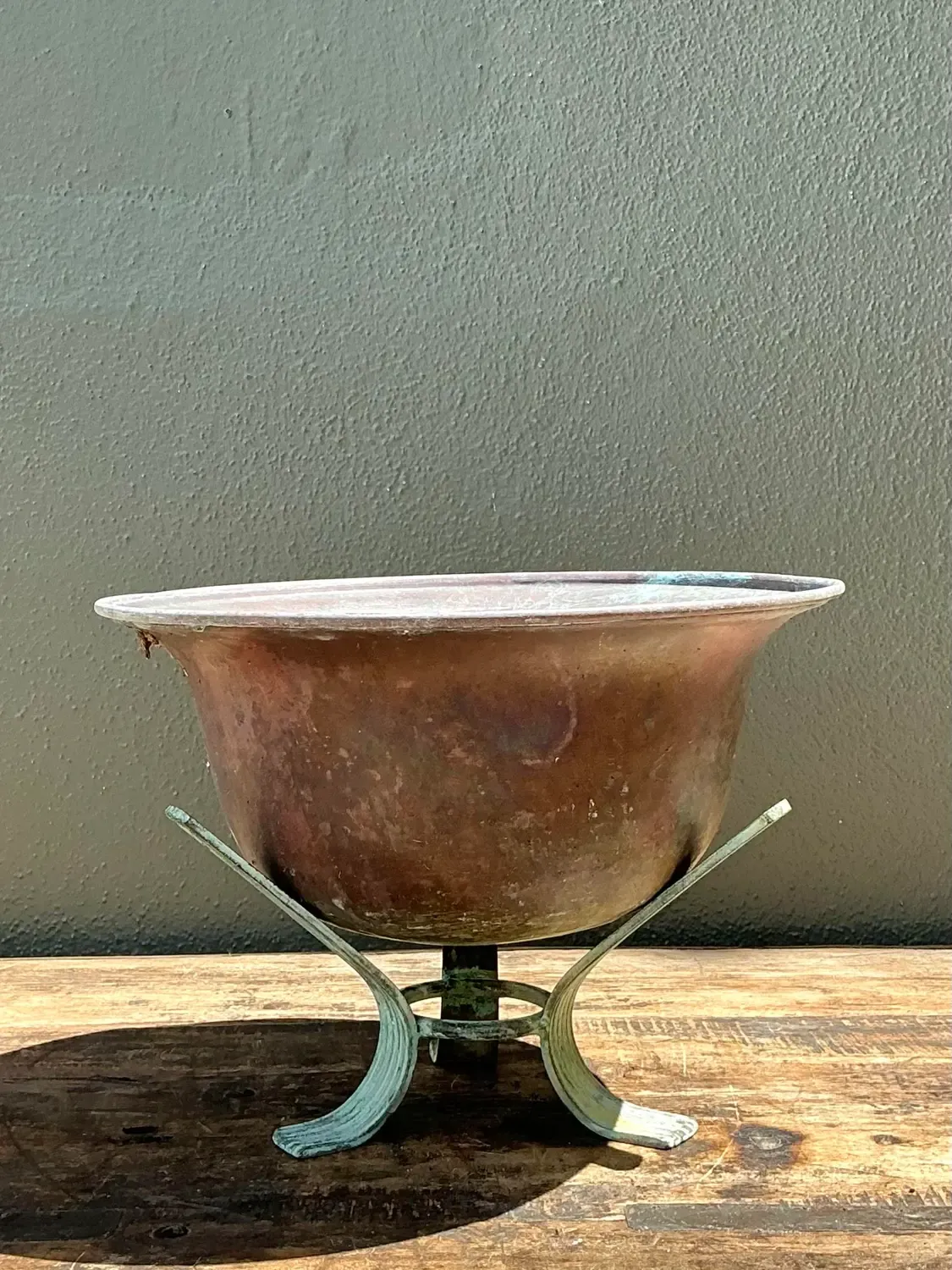 Vintage Patinated Copper Bowl on Verdigris Stand — additional photo 6