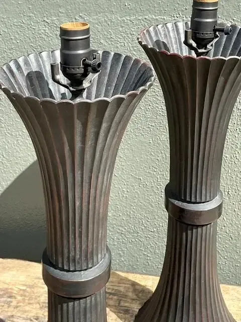 Vintage Patinated Fluted Metal Lamps - A Pair