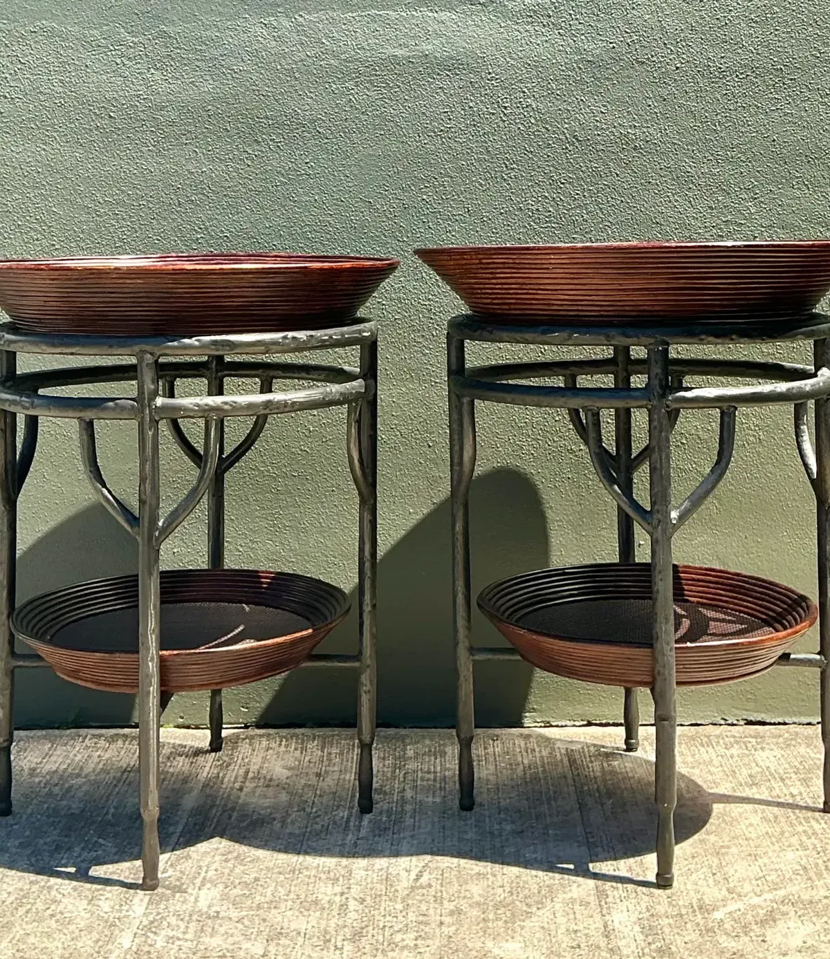 Vintage Pencil Reed Bowl Side Tables - A Pair