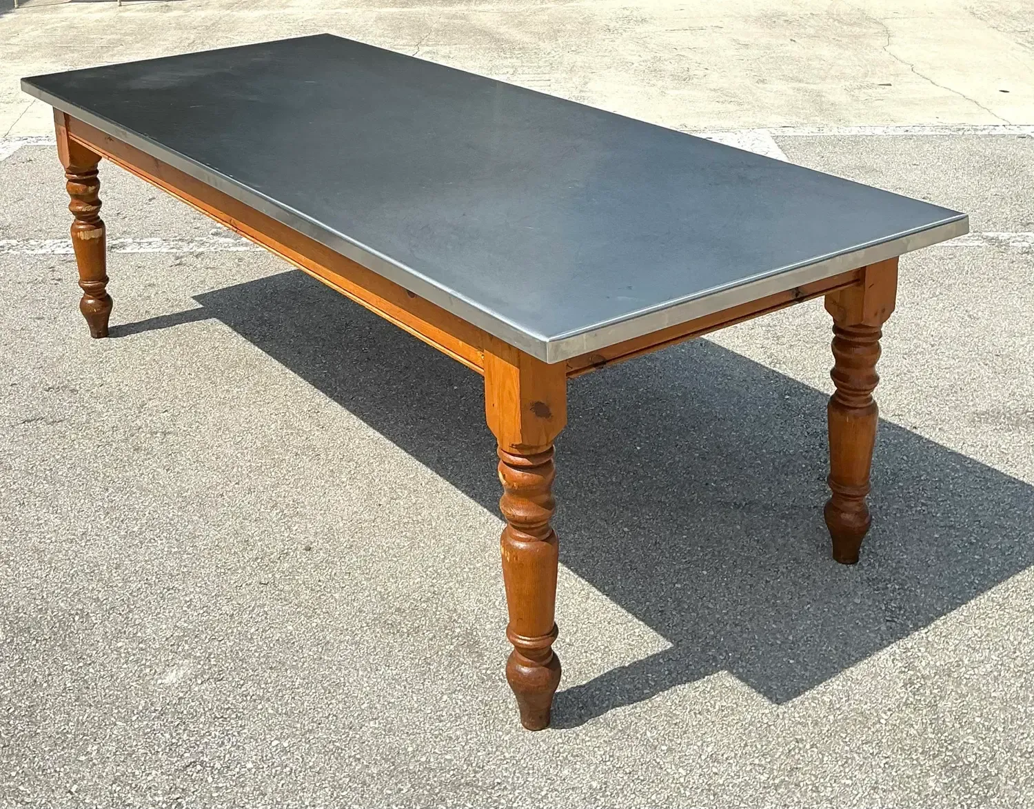 Vintage Plank Farm Table With Custom Stainless Steel Top — additional photo 1