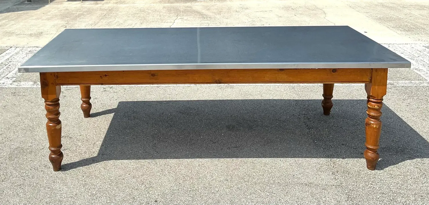 Vintage Plank Farm Table With Custom Stainless Steel Top — additional photo 7