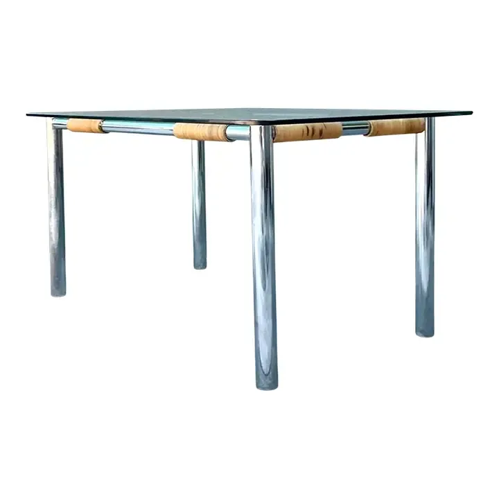 Vintage Polished Chrome and Rattan Dining Table