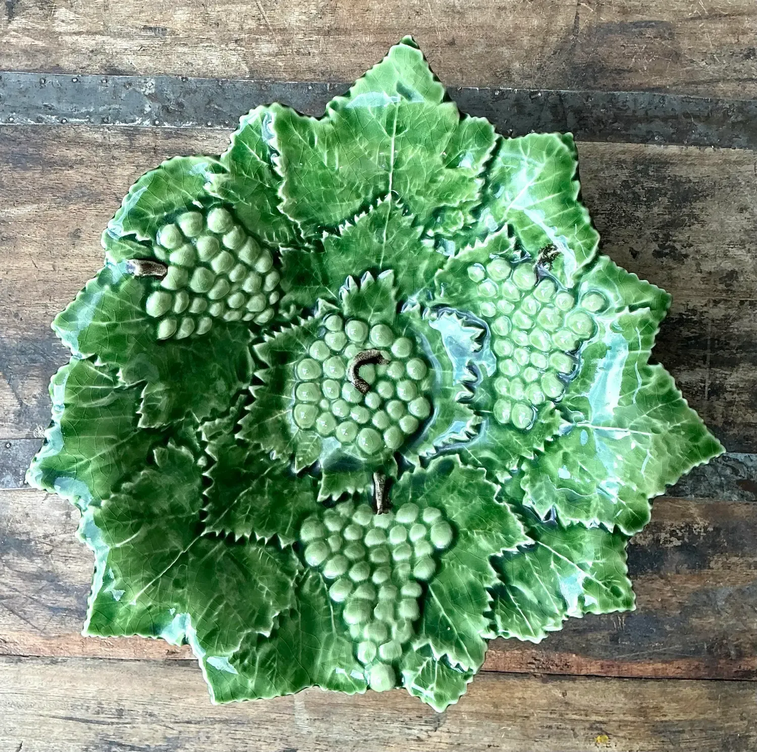 Vintage Portuguese Glazed Ceramic Grape Leaf Bowl — additional photo 7