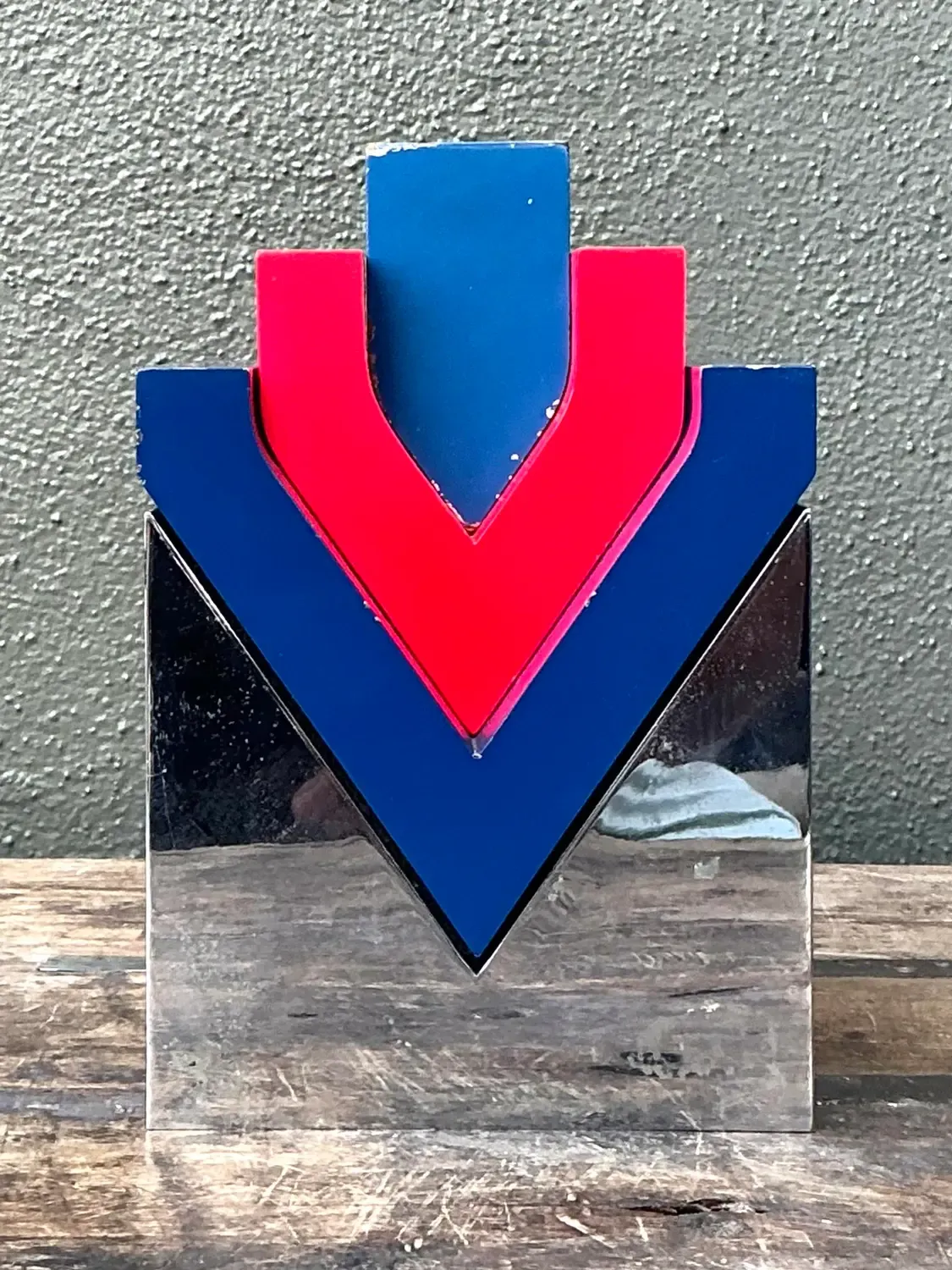 Vintage Postmodern Stacked Wood and Chrome Sculpture — additional photo 2