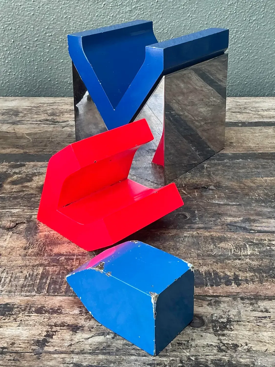 Vintage Postmodern Stacked Wood and Chrome Sculpture — additional photo 3