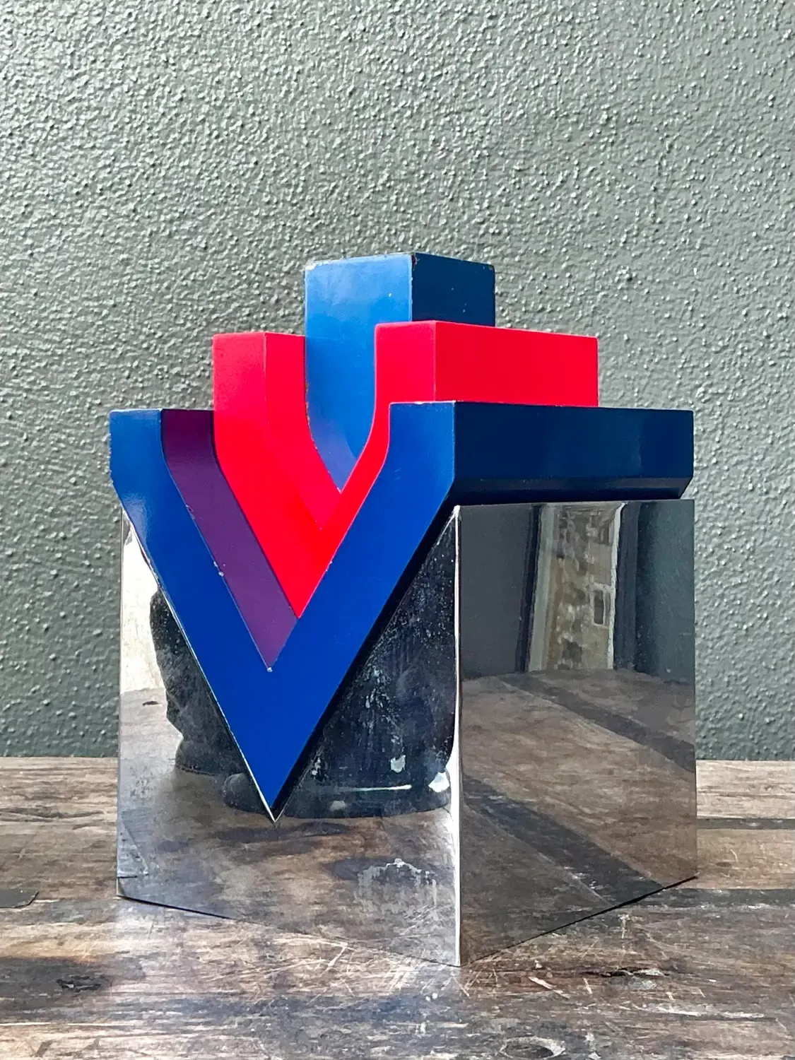 Vintage Postmodern Stacked Wood and Chrome Sculpture — additional photo 5