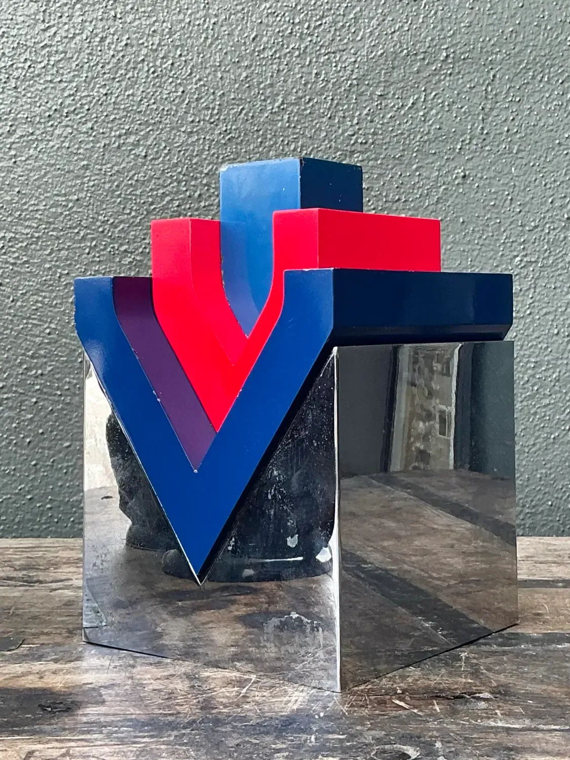 Vintage Postmodern Stacked Wood and Chrome Sculpture — additional photo 7