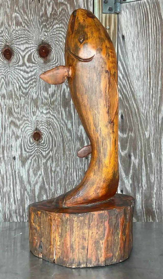 Vintage Primitive Hand Carved Wooden Fish Sculpture — additional photo 1