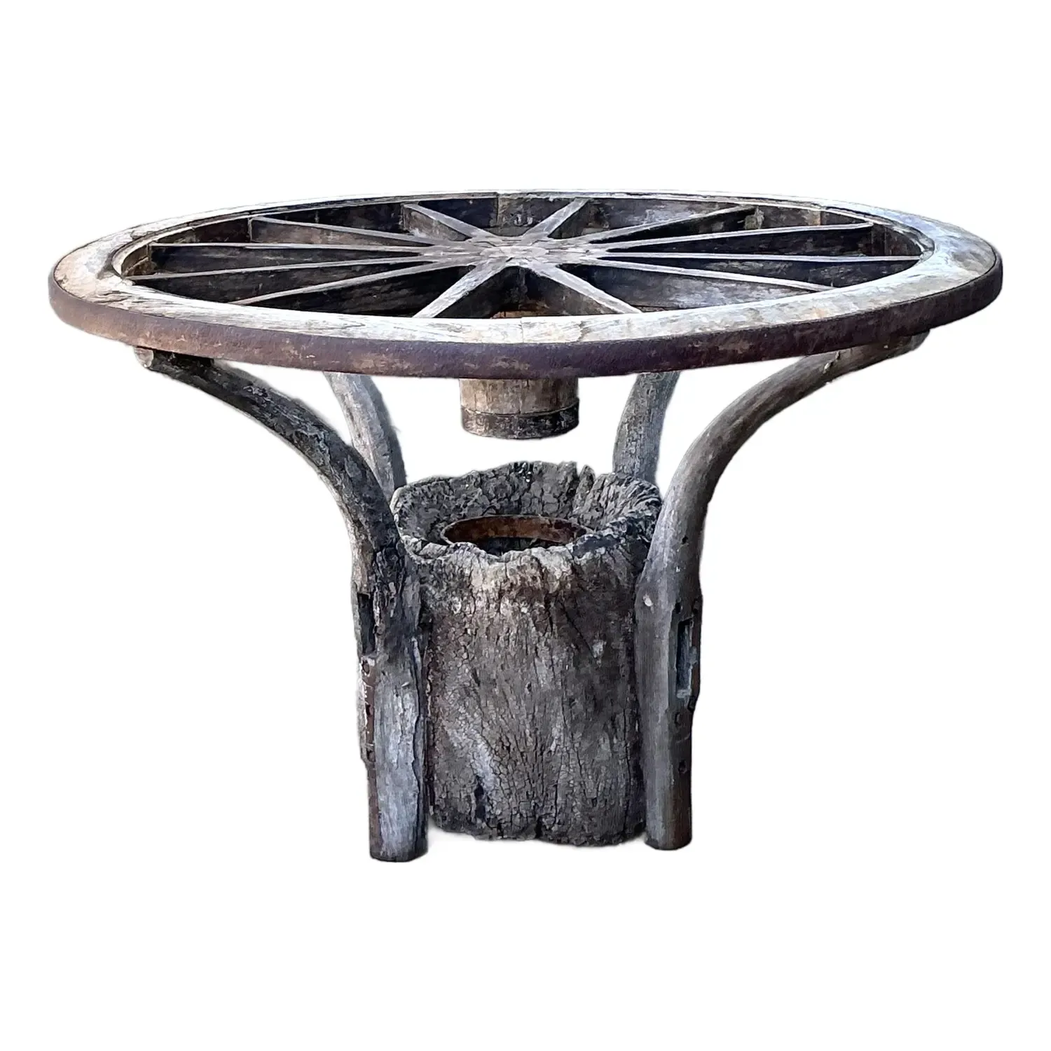 Vintage Primitive Wagon Wheel Dining Table Pedestal — additional photo 1