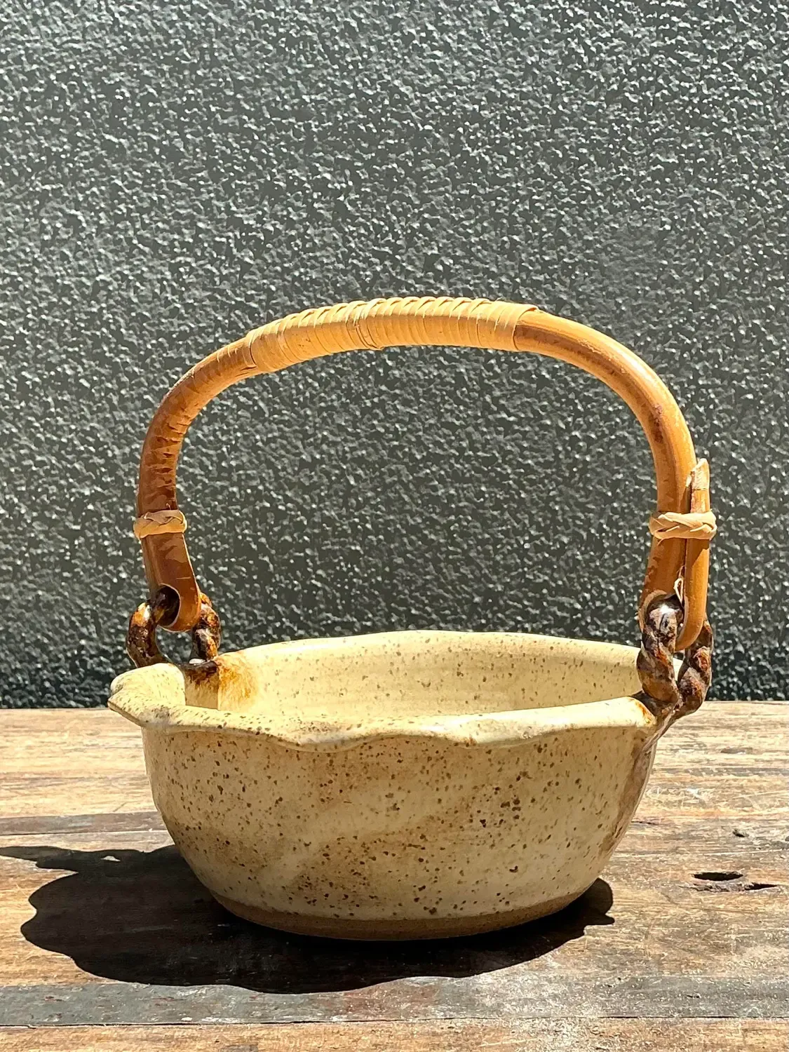 Vintage Rattan Handle Studio Pottery Bowl