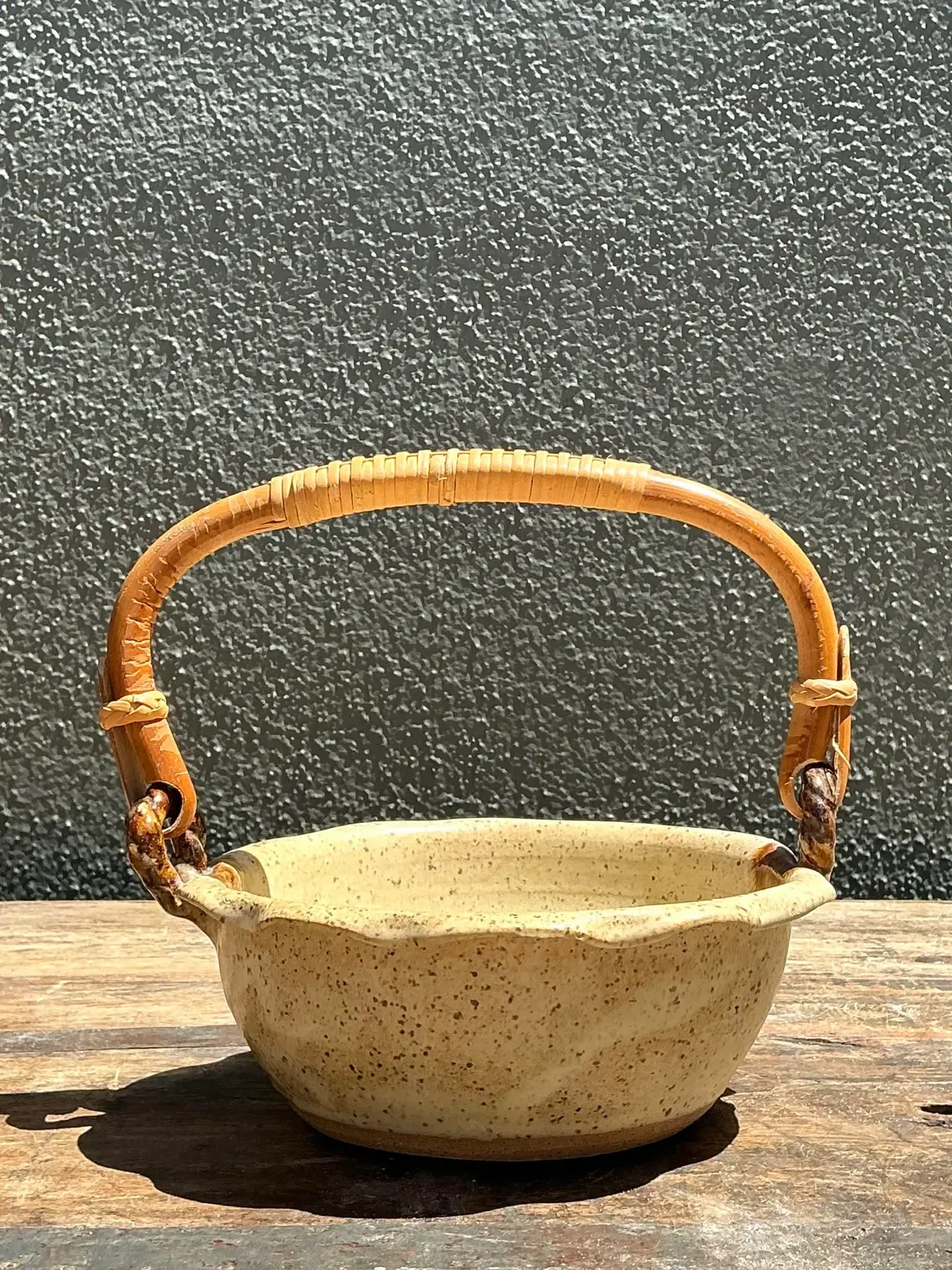 Vintage Rattan Handle Studio Pottery Bowl — additional photo 1