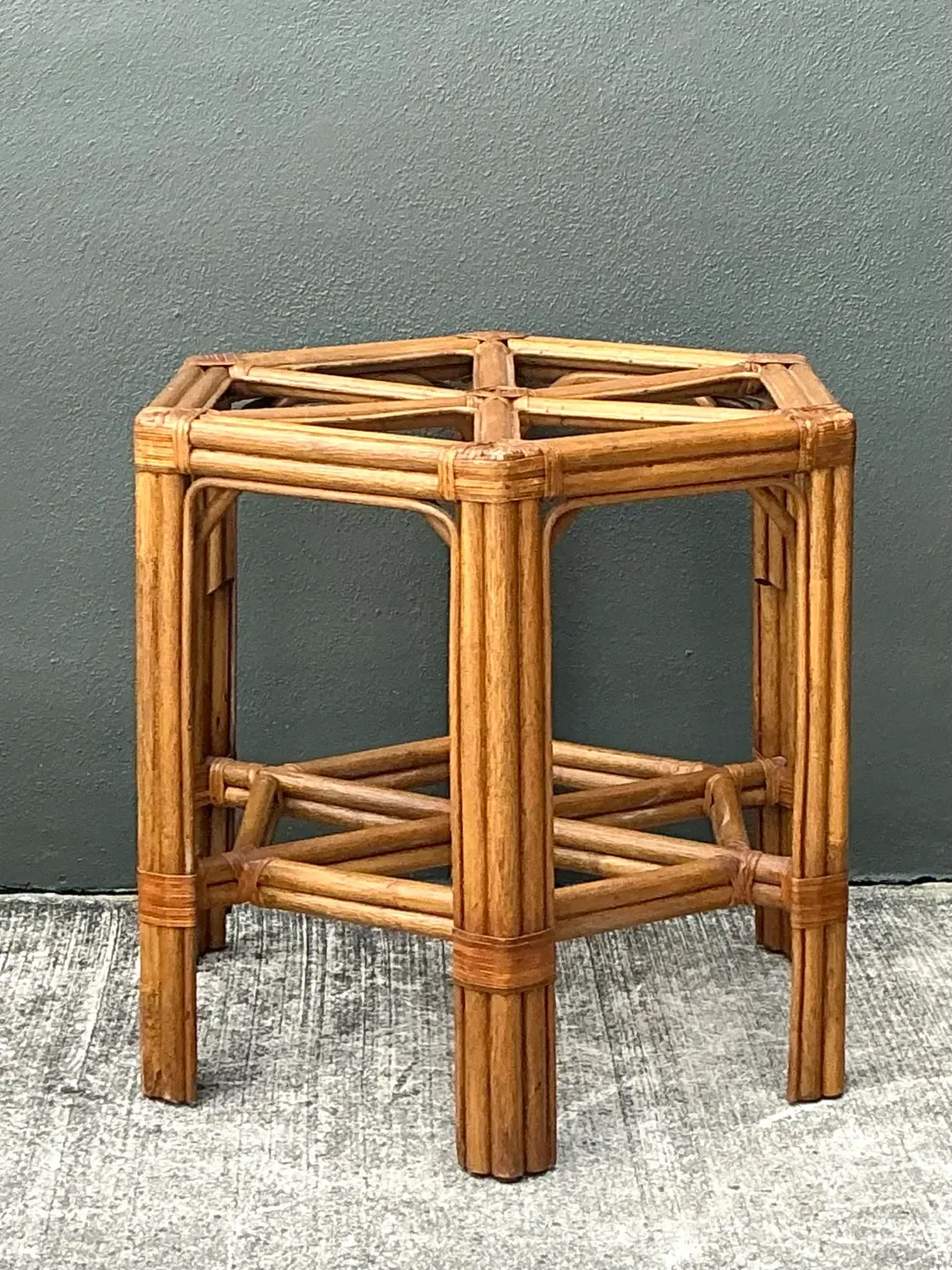 Vintage Rattan Hexagon Dining Table Pedestal — additional photo 2