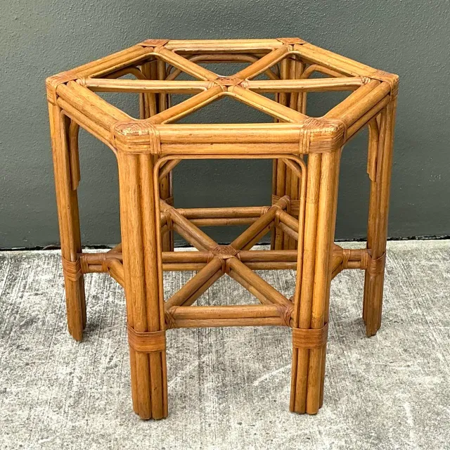 Vintage Rattan Hexagon Dining Table Pedestal — additional photo 7