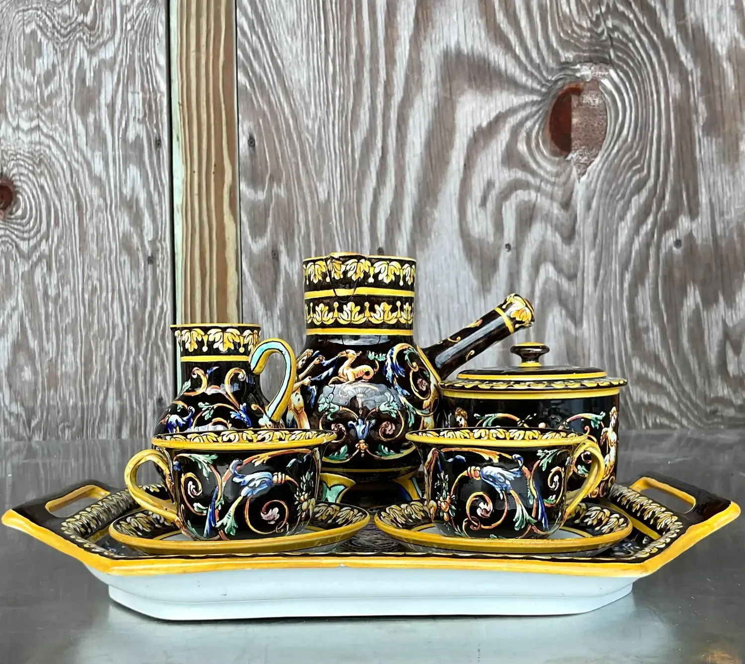 Vintage Regency 19th Century Gien French Faience Earthenware Chocolate Set- 8 Pieces — additional photo 3