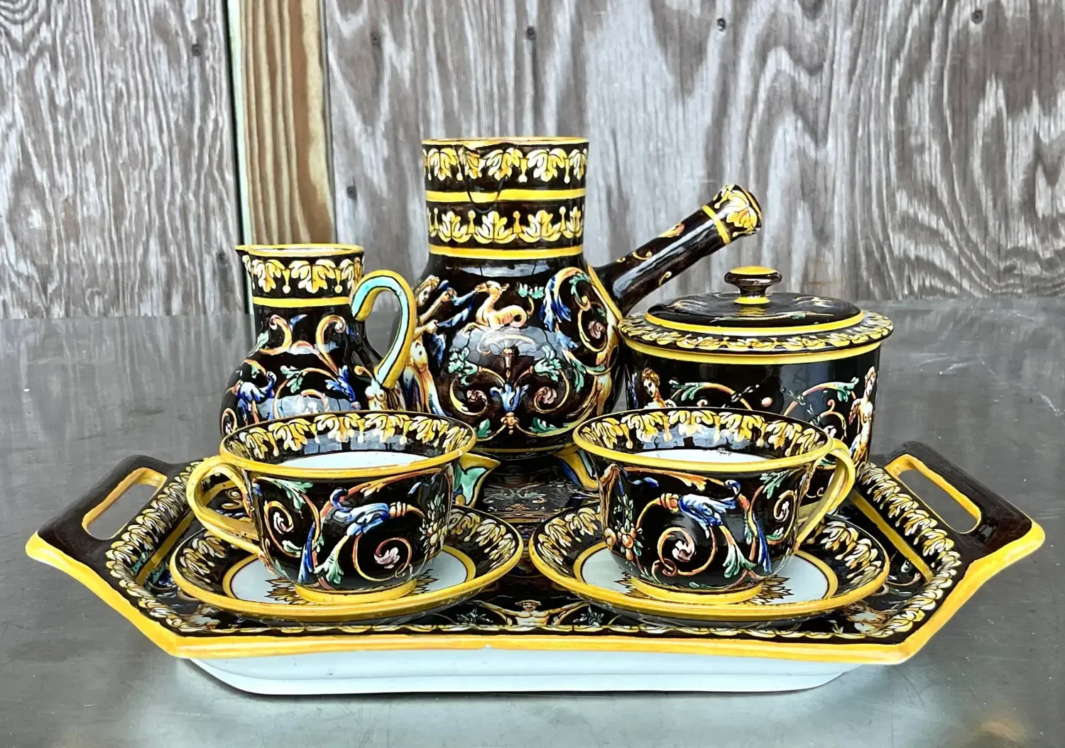 Vintage Regency 19th Century Gien French Faience Earthenware Chocolate Set- 8 Pieces — additional photo 5
