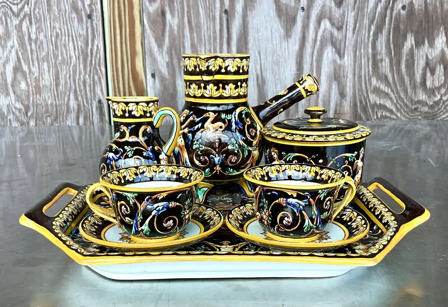 Vintage Regency 19th Century Gien French Faience Earthenware Chocolate Set- 8 Pieces — additional photo 6