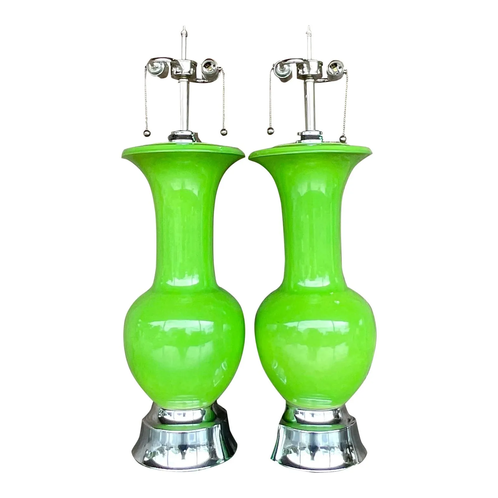 Vintage Regency Apple Green Glazed Ceramic Lamps - a Pair