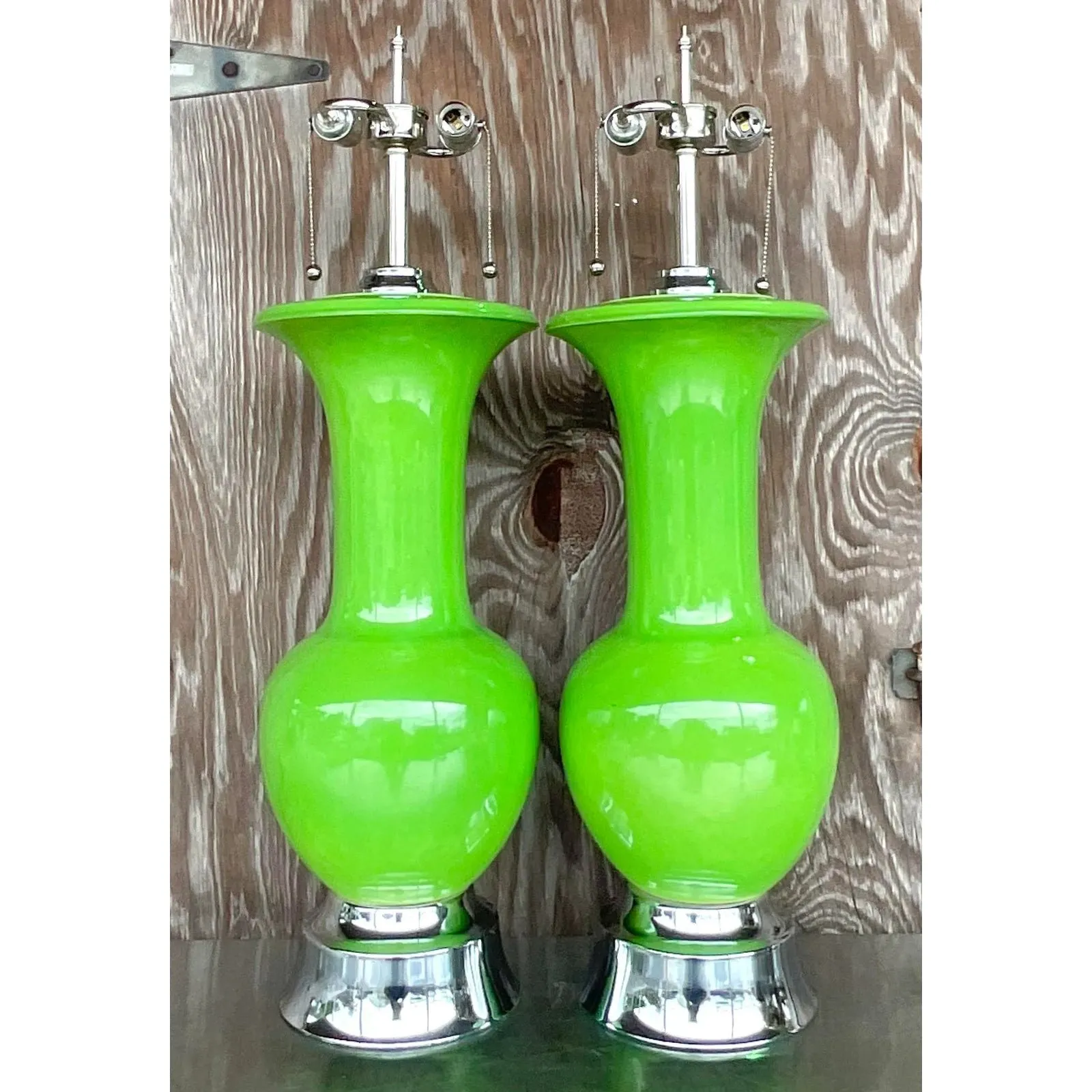 Vintage Regency Apple Green Glazed Ceramic Lamps - a Pair — additional photo 2