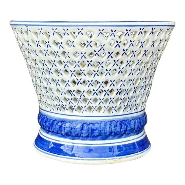 Vintage Regency Blue and White Trellis Cache Pot — additional photo 1
