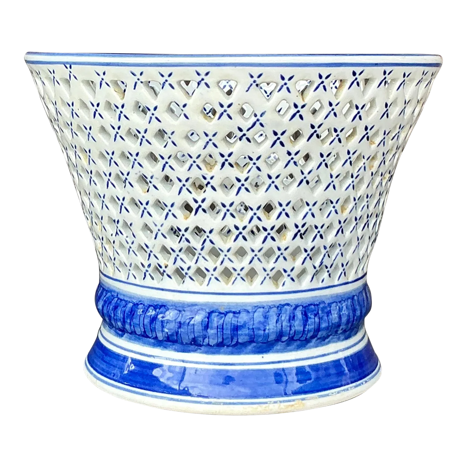 Vintage Regency Blue and White Trellis Cache Pot — additional photo 2