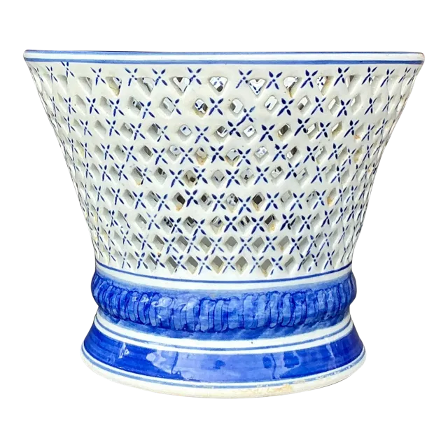 Vintage Regency Blue and White Trellis Cache Pot — additional photo 2