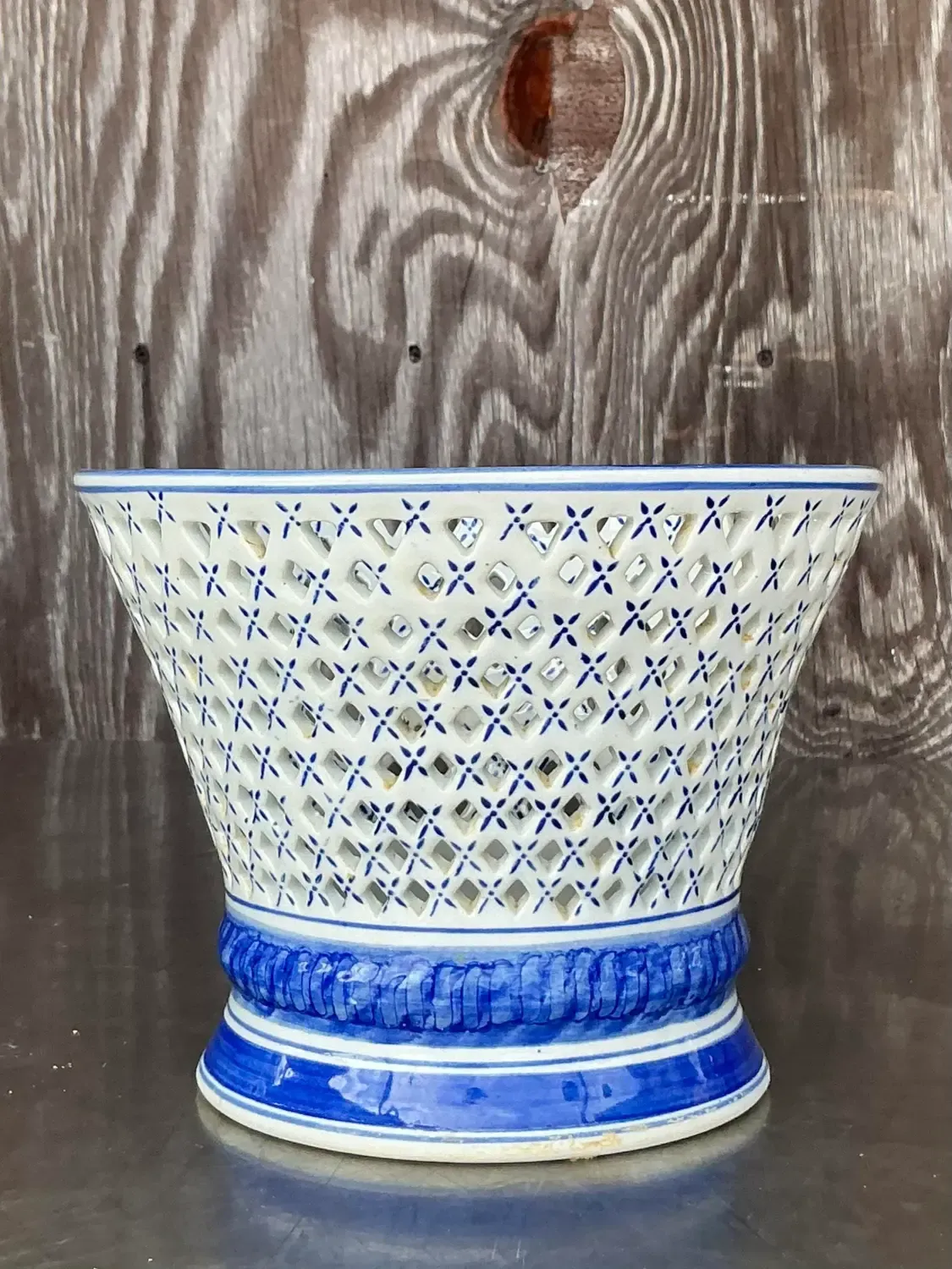 Vintage Regency Blue and White Trellis Cache Pot — additional photo 3