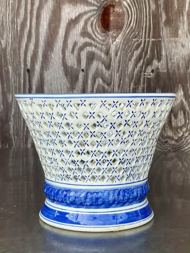 Vintage Regency Blue and White Trellis Cache Pot — additional photo 3