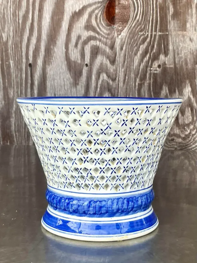 Vintage Regency Blue and White Trellis Cache Pot — additional photo 4