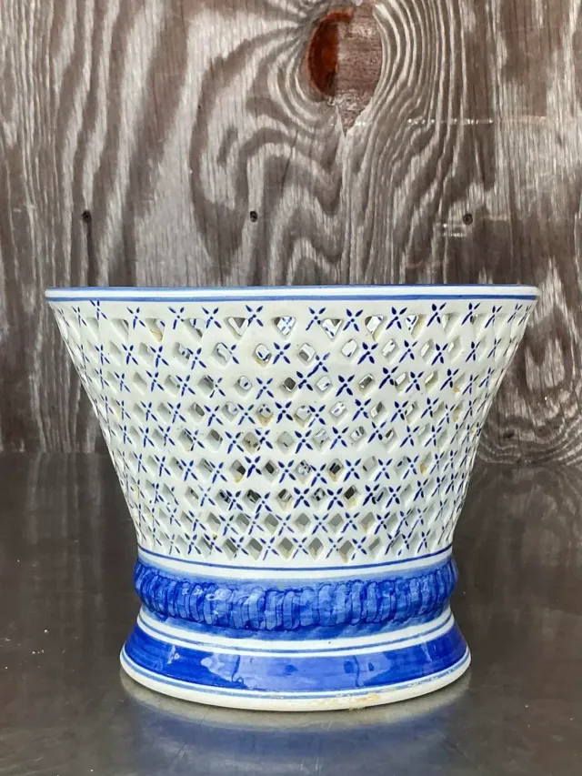 Vintage Regency Blue and White Trellis Cache Pot — additional photo 6