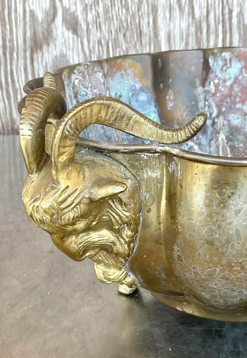 Vintage Regency Brass Rams Head Jardinere — additional photo 2