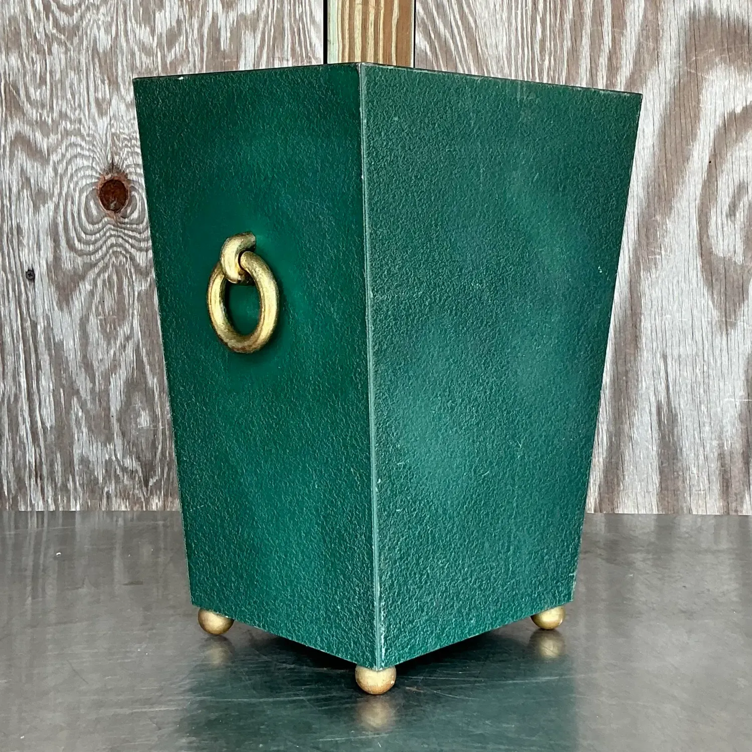 Vintage Regency Brass Ring Pebbled Trash Can — additional photo 1
