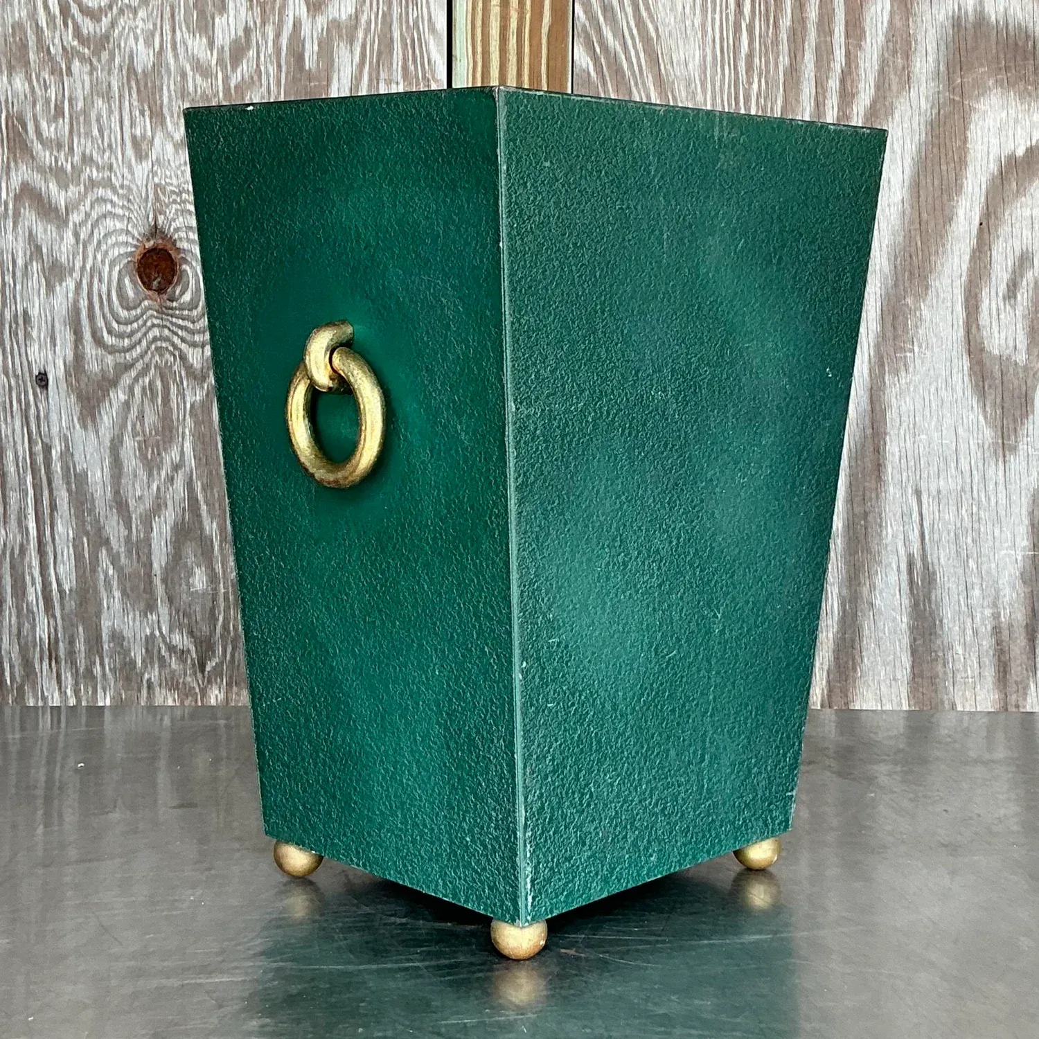 Vintage Regency Brass Ring Pebbled Trash Can — additional photo 5