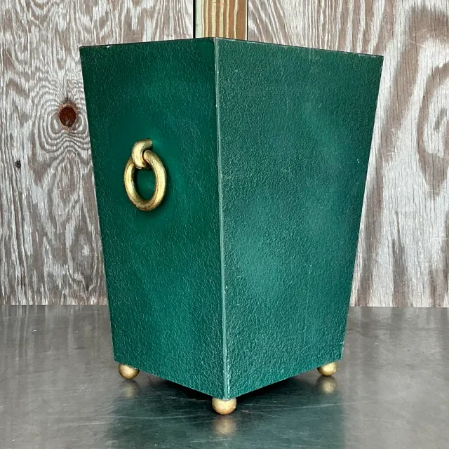 Vintage Regency Brass Ring Pebbled Trash Can — additional photo 5