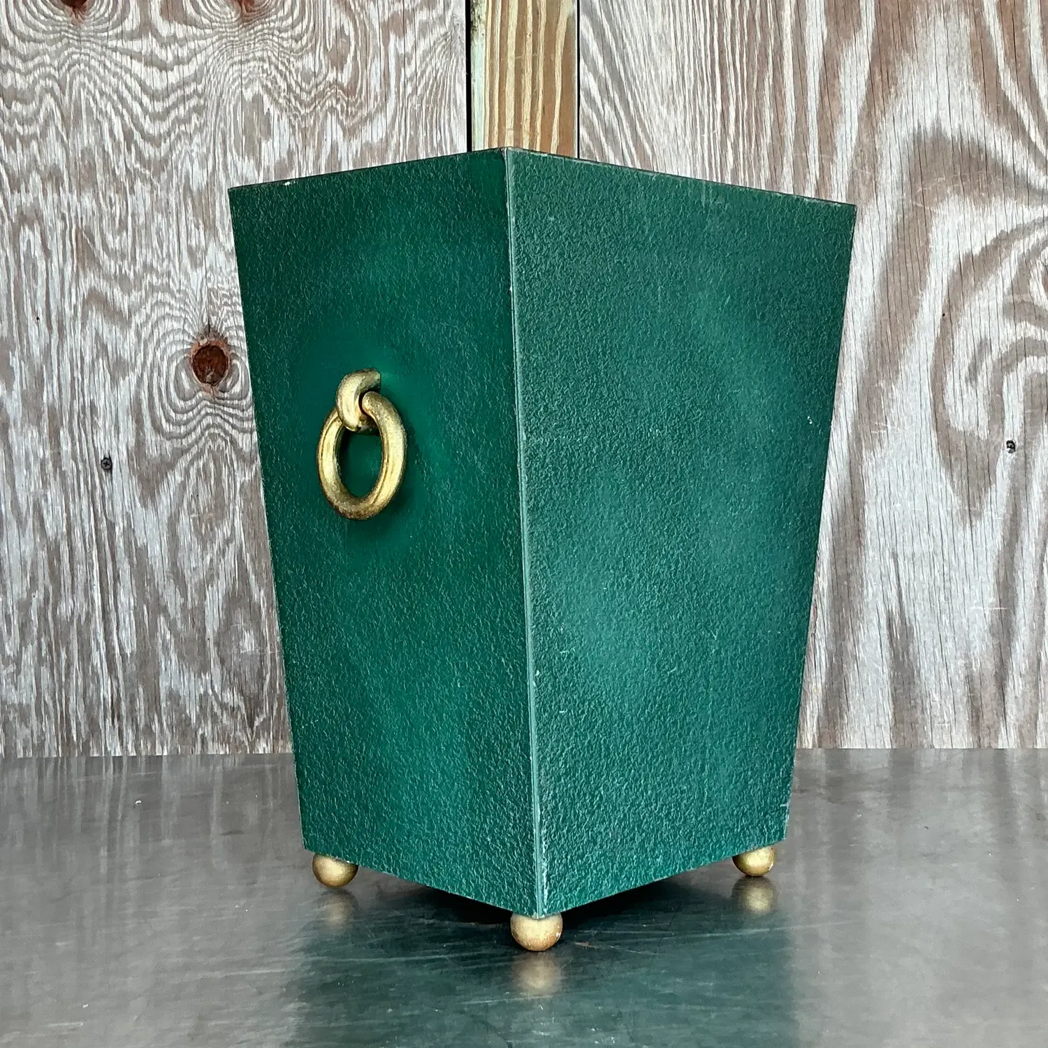 Vintage Regency Brass Ring Pebbled Trash Can — additional photo 6