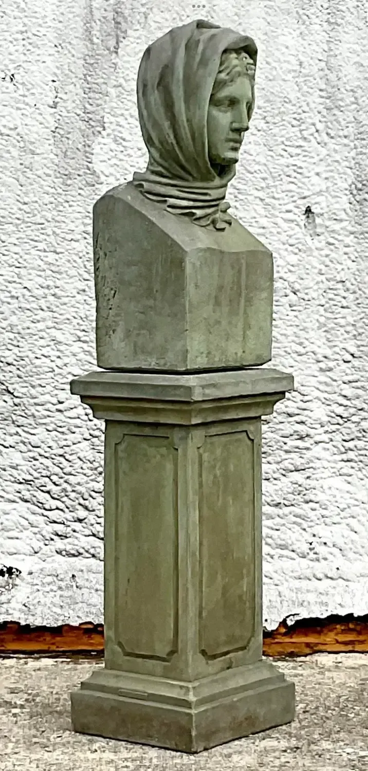 Vintage Regency Cast Concrete Bust of Woman in Hood — additional photo 3