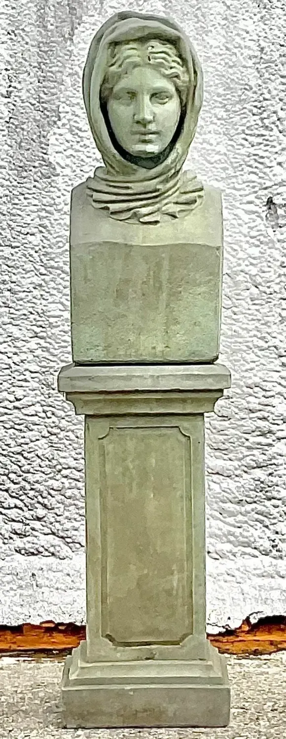 Vintage Regency Cast Concrete Bust of Woman in Hood — additional photo 4