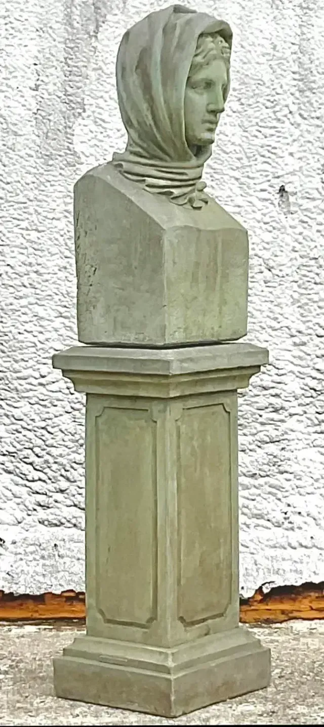 Vintage Regency Cast Concrete Bust of Woman in Hood — additional photo 5