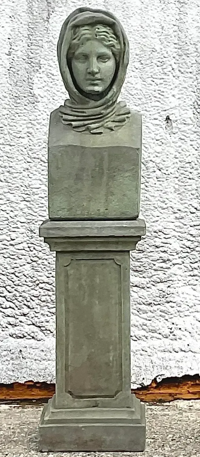 Vintage Regency Cast Concrete Bust of Woman in Hood — additional photo 6