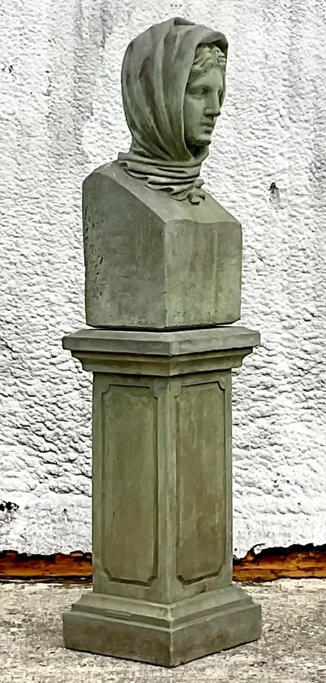 Vintage Regency Cast Concrete Bust of Woman in Hood — additional photo 8
