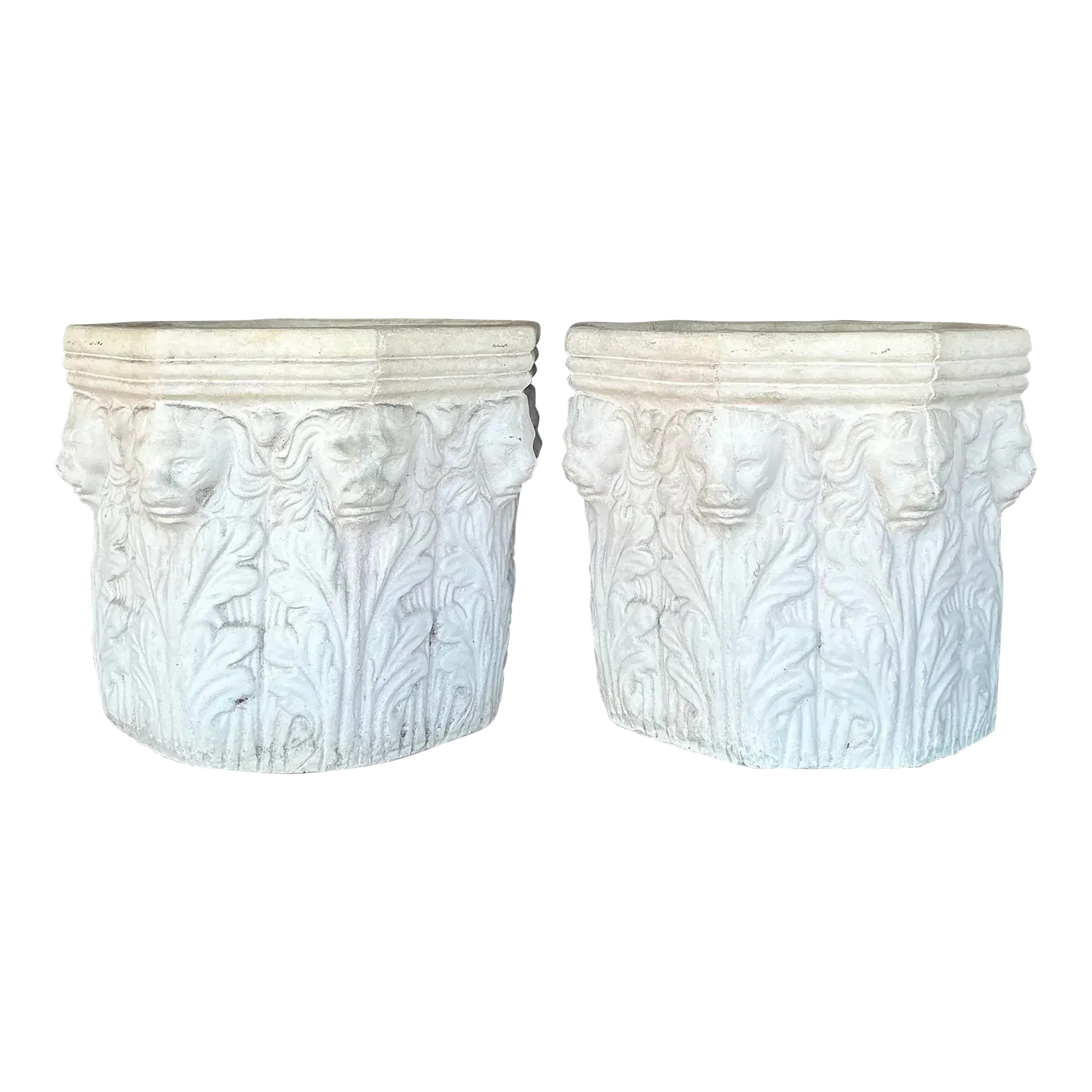 Vintage Regency Cast Concrete Lions Head Planters - Set of 2