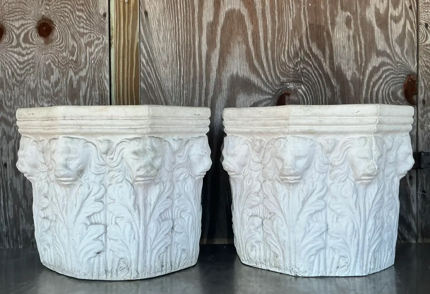 Vintage Regency Cast Concrete Lions Head Planters - Set of 2 — additional photo 1