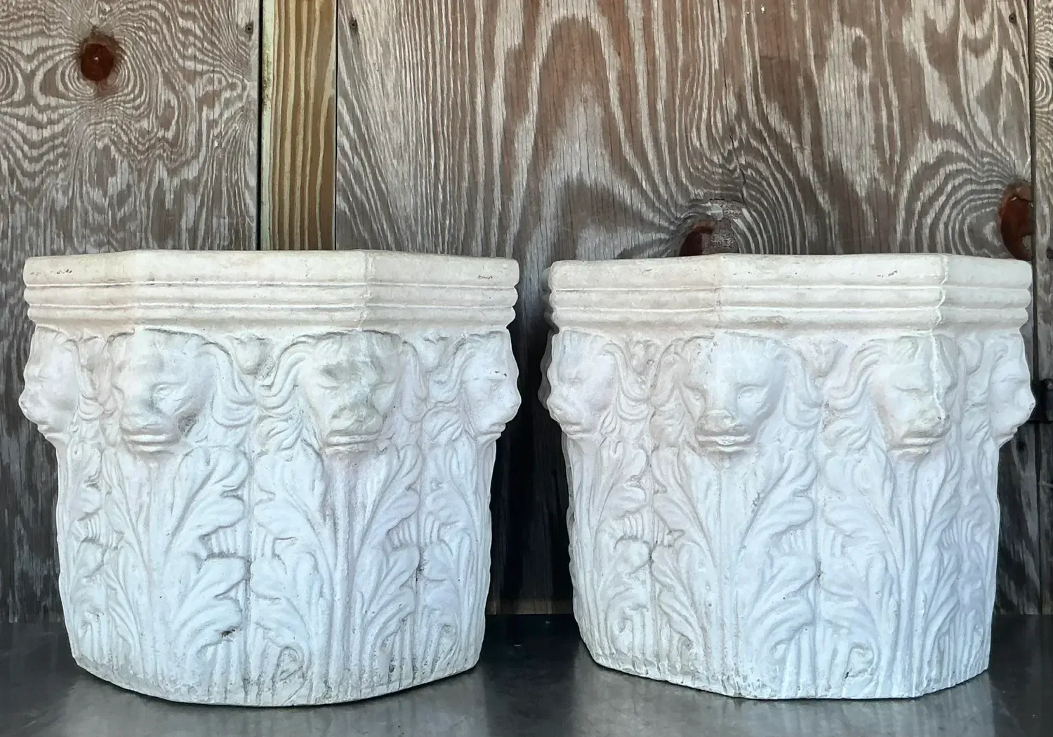 Vintage Regency Cast Concrete Lions Head Planters - Set of 2 — additional photo 3