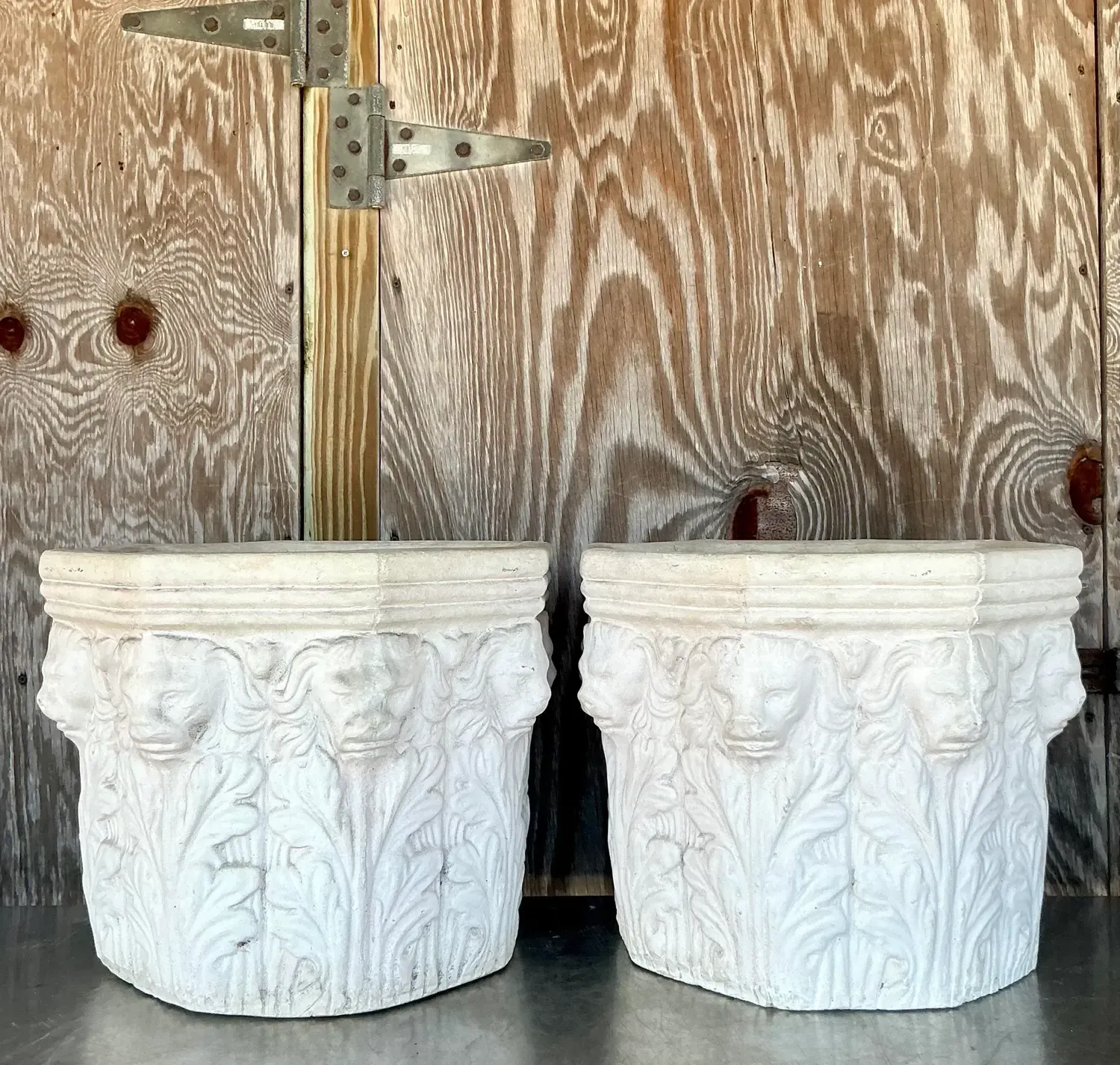 Vintage Regency Cast Concrete Lions Head Planters - Set of 2 — additional photo 8