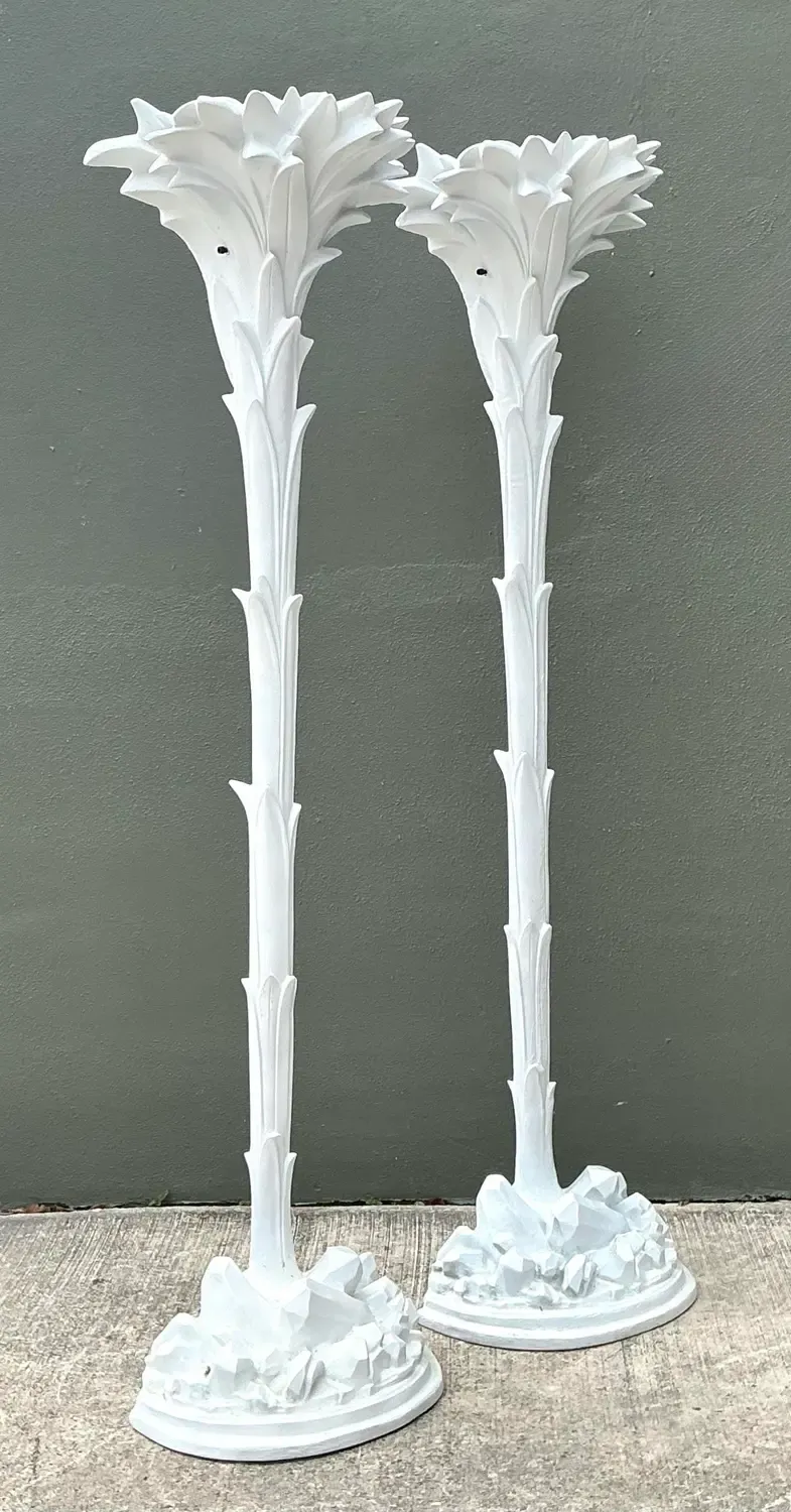 Vintage Regency Cast Plaster Palm Torchere Lamps After Serge Roche — additional photo 2