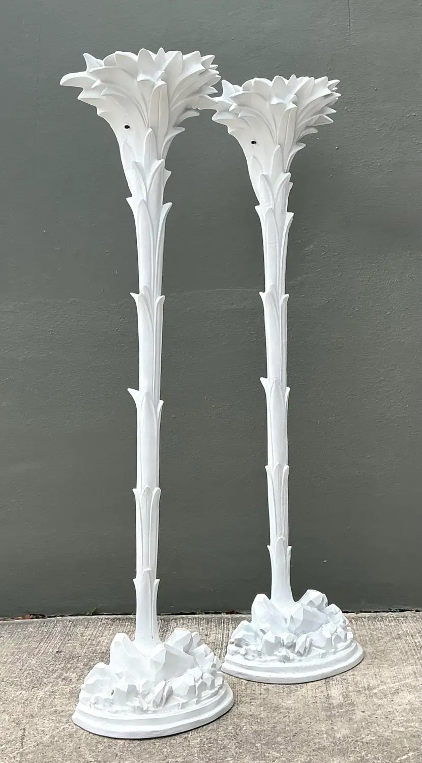 Vintage Regency Cast Plaster Palm Torchere Lamps After Serge Roche — additional photo 3