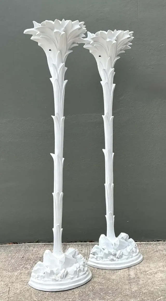 Vintage Regency Cast Plaster Palm Torchere Lamps After Serge Roche — additional photo 6