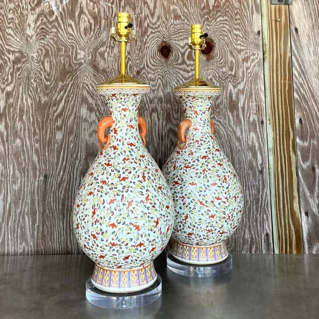 Vintage Regency Chinoiserie Floating Floral Ceramic Lamps - A Pair — additional photo 1