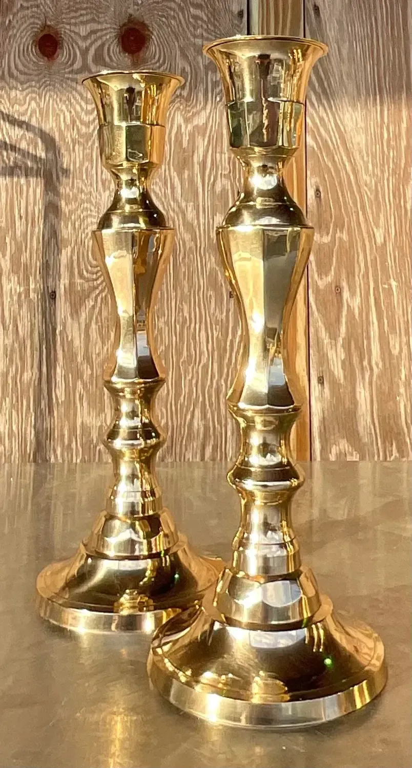 Vintage Regency Faceted Polished Brass Candlesticks - a Pair — additional photo 2