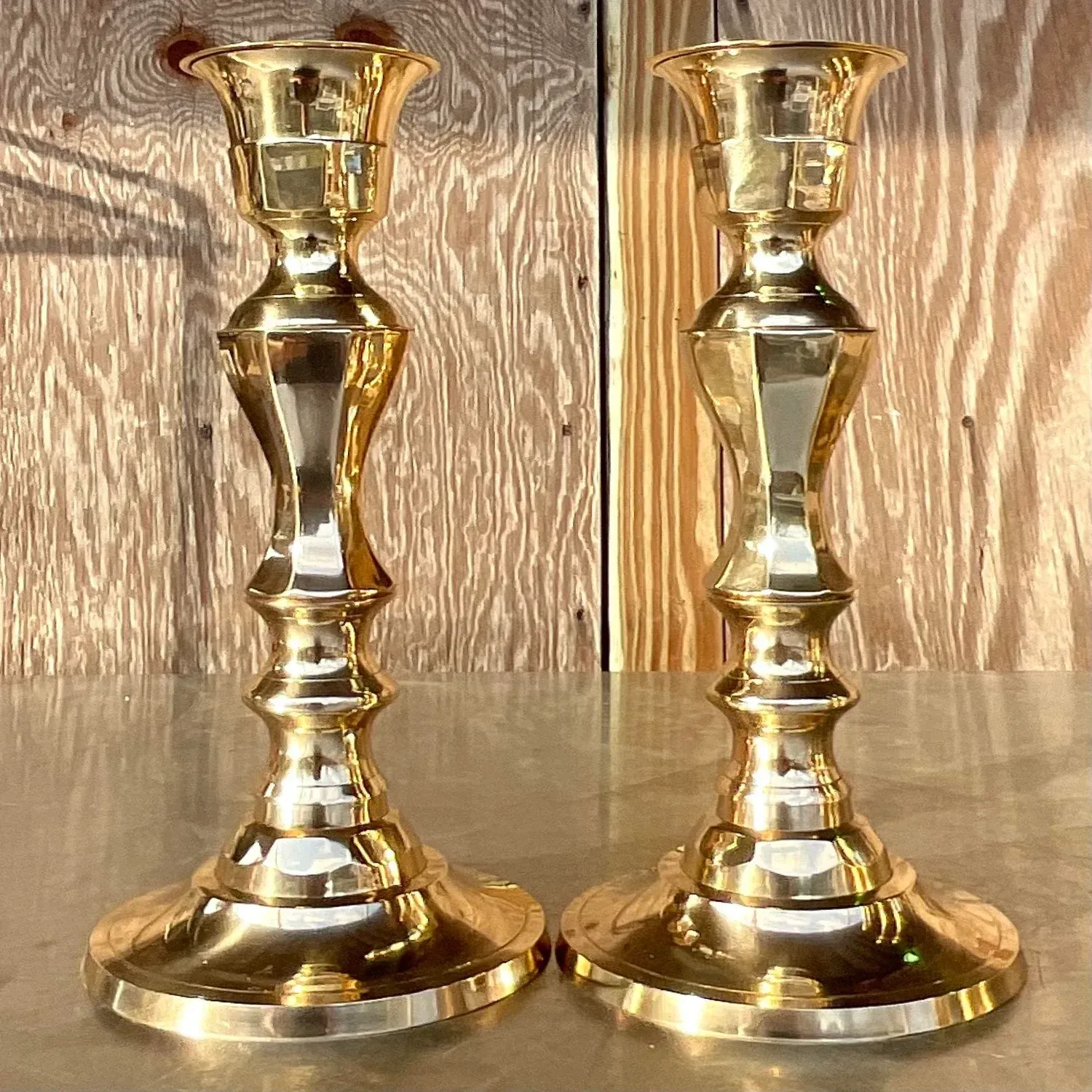 Vintage Regency Faceted Polished Brass Candlesticks - a Pair — additional photo 3