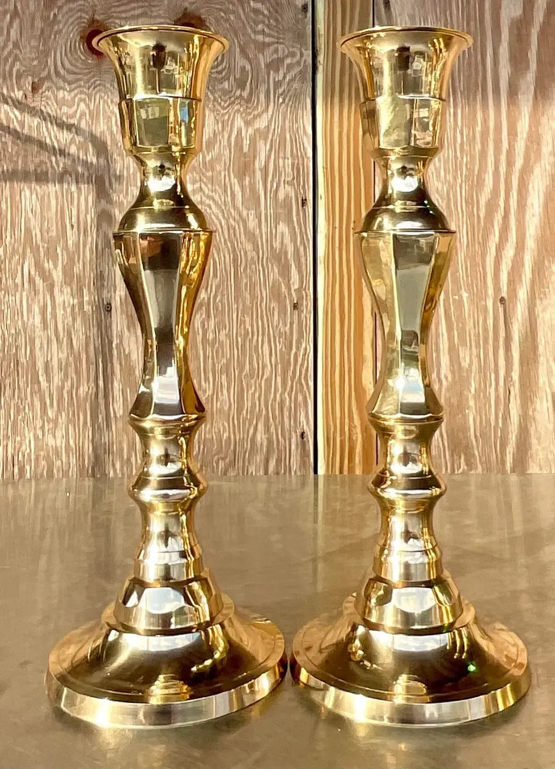 Vintage Regency Faceted Polished Brass Candlesticks - a Pair — additional photo 4